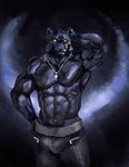 abs anthro big_muscles black_background black_body black_fur clothed clothing cosmic_background ear_piercing facial_scar fur hand_behind_head jewelry looking_at_viewer male muscular muscular_anthro muscular_male necklace nipples piercing pubes pubes_exposed raised_arm ring_piercing scar seductive shirtless_anthro shirtless_male simple_background solo space space_background whiskers yellow_eyes ariwolfer epic_games fortnite boss_koji_(fortnite) felid mammal pantherine c hi_res