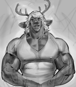 anthro big_muscles clothing facial_hair hair horn large_male male muscular muscular_anthro muscular_male nipple_outline shirt smile smirk solo tight_clothing tight_shirt tight_topwear topwear vein purplebirdman deer mammal hi_res monochrome sketch
