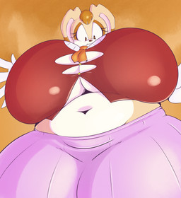 anthro big_breasts bottomwear breasts brown_eyes brown_hair brown_nose clothing eyelashes female gloves hair handwear huge_breasts huge_thighs hyper hyper_breasts looking_down low-angle_view macro_anthro macro_female mature_anthro mature_female multicolored_body navel pink_bottomwear pink_clothing pink_inner_ear red_clothing red_topwear solo tan_body tan_ears teeth thick_thighs tight_clothing topwear two_tone_body white_body white_clothing white_gloves white_handwear smotrilla sega sonic_the_hedgehog_(series) vanilla_the_rabbit lagomorph leporid mammal rabbit 2026 absurd_res alternate_version_at_source cel_shading colored digital_media_(artwork) hi_res shaded