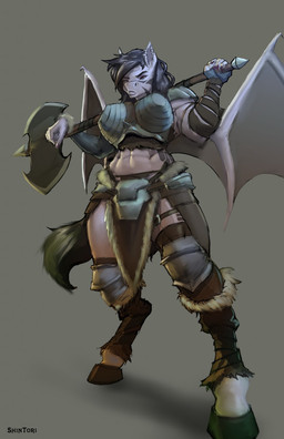 abs anthro armor athletic athletic_anthro athletic_female axe big_breasts breasts clothed clothing ear_piercing female hair melee_weapon piercing simple_background solo standing unconvincing_armor weapon wings shintori bat equid equine horse hybrid mammal hi_res