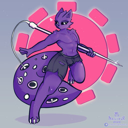 anthro belly biped bulge clothed clothing detailed_bulge femboy fur hair looking_at_viewer male melee_weapon narrowed_eyes polearm pose purple_body purple_fur simple_background smug solo spear warrior weapon nagifur rain_world videocult spearmaster_(rain_world) slugcat 1:1 absurd_res digital_media_(artwork) hi_res