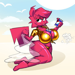 anthro beverage beverage_between_breasts beverage_can big_breasts bikini bikini_bottom breasts can cleavage closed_smile clothed clothed_anthro clothed_female clothing container detailed_background drinking drinking_straw duo female female_anthro glistening glistening_breasts glistening_eyelids gold_bikini gold_bikini_bottom gold_swimwear golden_clothing hair holding_beverage holding_can holding_container holding_object mouth_closed object_between_breasts red_body red_hair shirt smile solo_focus swimwear tail thick_thighs tied_shirt topwear two-piece_swimsuit year buxy golden_week coffee_(buxy) nano_(buxy) mammal rodent sciurid tree_squirrel 2026 absurd_res digital_drawing_(artwork) digital_media_(artwork) hi_res signature