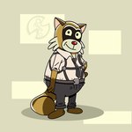 anthro bottomwear brown_body clothing male necktie pants shirt slightly_chubby smile solo suspenders topwear fictionist12 robot_dreams rascal_(robot_dreams) mammal procyonid raccoon 1:1 2024 hi_res