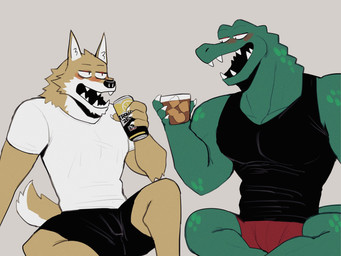 anthro bottomwear clothing drunk duo male shirt shorts simple_background substance_intoxication topwear white_background k0bit0wani canid canine crocodilian mammal reptile scalie 2021 4:3 hi_res