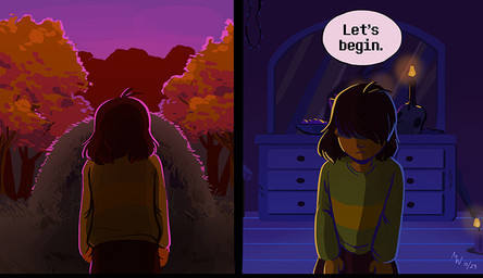 adolescent ambiguous_gender ambiguous_human autumn candle candlelight clothing drawer hair hair_over_eyes inside light male obscured_eyes outside plant rear_view shadow shirt solo speech_bubble sweater text topwear tree window young lynxgriffin deltarune undertale_(series) kris_dreemurr human mammal 2025 comic dated lighting shaded signature