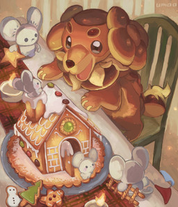 ambiguous_gender anthro brown_body brown_eyes candle cookie feral food gingerbread_cookie gingerbread_house gingerbread_man group holidays open_mouth paws size_difference tail tongue white_body oisisabatugun christmas nintendo pokemon canid canine dachsbun generation_9_pokemon mammal maushold maushold_(family_of_four) mouse murid murine pokemon_(species) rodent 2025 hi_res signature