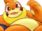 ambiguous_gender anthro belly_focus black_markings black_nose blush blush_lines brown_eyes claws close-up fur lying markings on_back open_mouth orange_body orange_fur pale_countershading raising_arm sharp_teeth simple_background smile smiling_at_viewer solo teeth tongue white_background plus-alpha nintendo pokemon buizel generation_4_pokemon pokemon_(species)