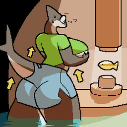 anthro artifact big_breasts biped black_body blue_bottomwear blue_clothing blue_shorts bodily_fluids body_size_growth bottomwear breast_expansion breasts butt clothing directional_arrow expansion eyebrows female fin floating_eyebrows green_clothing green_shirt green_t-shirt green_topwear huge_breasts multicolored_body partially_submerged raised_inner_eyebrows shirt shorts size_transformation solo standing sweat t-shirt tail tail_fin thick_thighs topwear torn_bottomwear torn_clothing torn_shorts transformation two_tone_body white_body worried psznnp aquatic fish shark 1:1 2024 aliasing digital_drawing_(artwork) digital_media_(artwork) low_res