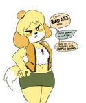 2018 5:6 absurd_res animal_crossing anthro blonde_hair bottomwear canid canine canis cardigan clothed clothing dialogue domestic_dog english_text female front_view fully_clothed hair hand_on_hip hi_res humor isabelle_(animal_crossing) jacket mammal monotone_bottomwear monotone_clothing monotone_skirt nintendo open_clothing open_jacket open_topwear pencil_skirt portrait rainbowsprinklesart shih_tzu skirt solo text three-quarter_portrait topwear torn_clothing toy_dog yellow_body