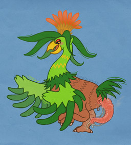 abstract_background beak bodily_fluids cloacal_penis dancing erection feather_hands feathers feral flower_on_head genital_fluids green_body green_feathers leaking_precum leaves_on_body long_neck looking_at_viewer male musk open_mouth precum solo cloudweaver_(artist) palworld pocketpair avian pal_(species) palumba