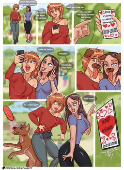 duo female text transformation splashtf canid canine canis domestic_dog human mammal absurd_res comic hi_res url