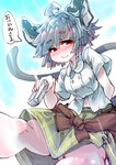 ahoge bottomwear breasts clothed clothing female furgonomics grey_hair hair holding_object juice_box navel red_eyes shirt short_hair skirt sky smile solo speech_bubble tail tail_through_skirt text topwear sabitare touhou nazrin animal_humanoid humanoid mammal mammal_humanoid mouse_humanoid murid murid_humanoid murine murine_humanoid rodent rodent_humanoid absurd_res hi_res japanese_text translated