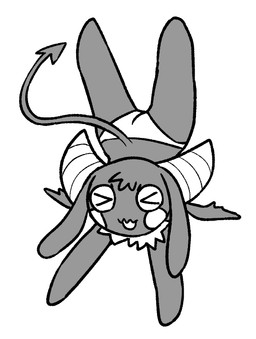 2_horns >_< anthro big_horn black_body black_ears black_fur black_tail black_tuft black_wings cheek_markings circle_(marking) clothing eyes_closed facial_markings featureless_feet featureless_hands feet female female_anthro floppy_ears fur head_markings head_tuft horn long_ears lop_ears markings membrane_(anatomy) membranous_wings neck_tuft open_mouth open_smile panties simple_background small_wings smile solo spade_tail tail tuft underwear white_background white_cheeks white_clothing white_horn white_markings white_panties white_tuft white_underwear wings o-den bibi_(o-den) demon succubus 2026 digital_media_(artwork) monochrome