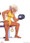 accessory athletic_wear blush blush_lines bodily_fluids braided_hair braided_ponytail breasts breath clothing dipstick_tail exercise eyebrows fangs feet female female_humanoid green_eyes hair headband leotard light_hair long_hair markings medium_breasts muscular muscular_arms muscular_female muscular_thighs navel_outline ponytail sitting solo sweat tail tail_markings tan_body tan_skin teeth text thick_eyebrows weight_bench weightlifting white_hair workout pixelpulp outlaw_star aisha_clanclan animal_humanoid ctarl-ctarl felid felid_humanoid humanoid mammal mammal_humanoid digital_media_(artwork) hi_res url