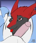 anthro between_legs duo erection fur genitals looking_at_viewer male male/male nude nuzzling_penis penis red_body red_eyes red_fur tongue mak_aholic bukmar canid canine mammal sergal hi_res