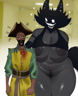 anthro areola big_areola big_breasts black_body blood blood_stain bodily_fluids bottomless bottomless_female breasts clothed clothed_male clothing dark_body dark_skin duo female hand_around_neck ineffective_clothing larger_female male monster_on_monster overweight overweight_female pirate_outfit pubes sharp_teeth size_difference smaller_male teeth thick_thighs voluptuous_female wide_hips phoenixblumm backrooms_(film) the_backrooms captain_clark karelia_(ace_rattman) backrooms_creature humanoid monster smiler_(the_backrooms) absurd_res hi_res