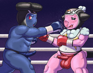 anthro ballboxing bodily_fluids boxing boxing_gloves clothing cock_sheath duo erection erection_under_clothing fight fighting_ring genital_fluids genital_outline handwear headgear leather leather_clothing leather_headgear male penis_clothing precum slightly_chubby sport thong underwear dcheese nintendo pokemon flaaffy generation_1_pokemon generation_2_pokemon pokemon_(species) vileplume 2025 digital_media_(artwork)