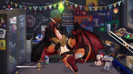 anniversary anniversary_art anthro black_body black_scales bottomwear chair city claws clothed clothing conveyor_belt digitigrade eye_scar facial_scar feet foot_focus full_foot_pawpads full_pad furniture horn inserter male orange_body orange_eyes orange_scales padded_palms pawpads paws paws_on_table red_body red_pawpads red_scales red_soles scales scar shelf shirt shorts souvenir table tail text topwear vest wardrobe window wings adalore c-r-s fenneckiro hydez iddothings lupex rdy rileysockfoxy seda_(artist) sidnithefox silveredge starwolfskin sunitai t-fruit theottersurrii toggle_(artist) xca zgf_art coffee_stain_studios factorio hotel_architect mythology parcel_simulator satisfactory_(game) tetris twitch.tv wube_software zgf_gaming ra'zim scintilla dragon mythological_creature mythological_scalie scaled_dragon scalie 2026 absurd_res english_text hi_res huge_filesize tagme