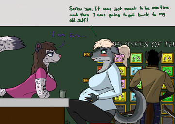 after_transformation anthro bar big_breasts black_hair blonde_hair blue_clothing blue_shirt blue_topwear blush breasts brown_clothing brown_hair brown_shirt brown_topwear claws clothing colored_fingernails colored_nails crossed_arms dialogue digit_ring female fetal_movement fingernails fur gender_transformation green_eyes grey_body grey_fur group grumpy hair hand_on_belly hands_on_hips housewife jewelry lipstick makeup male mtf_transformation nails pink_clothing pink_shirt pink_topwear ponytail pregnant pregnant_female ring sasha_(goldengryphon) shirt smug_face tail tail_motion tailwag text topwear transformation trio wedding_ring goldengryphon canid canine canis felid mammal pantherine snow_leopard wolf english_text hi_res