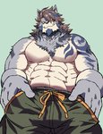 abs anthro bottomwear canid canine canis clothing fur lifewonders male mammal muscular muscular_anthro muscular_male pecs simple_background solo soonico tattoo temujin_(tas) tokyo_afterschool_summoners white_body white_fur wolf