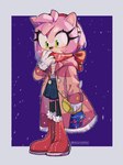 accessory anthro boots clothing female footwear gloves green_eyes hair_accessory hairband handwear scarf shoes simple_background solo winter winter_coat historiaallen sega sonic_the_hedgehog_(series) amy_rose eulipotyphlan hedgehog mammal 3:4 hi_res signature