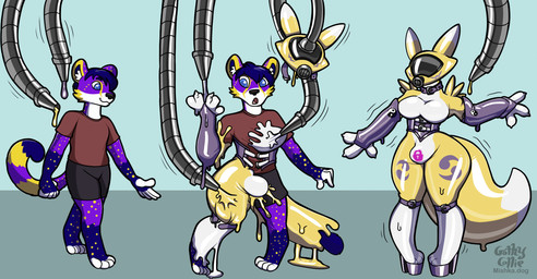 anthro chastity_bulge chastity_device clothing cosmic_fur drone dronesuit dronification footwear fur gas_mask gloves goo_transformation gynomorph handwear high_heels intersex lock_bulge lock_symbol male mask null_bulge purple_body purple_fur shoes solo transformation wearing_chastity_device yellow_body gothycollie bandai_namco digimon sofox_(sofox) canid digimon_(species) mammal renamon hi_res