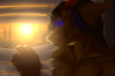 ambiguous_gender anthro black_hair blinds blue_eyes brown_body city cityscape front_view glowing glowing_eyes hair horn inside light looking_down nude red_horn sad smog solo sunlight sunrise sunset window tsukinori mythology dragon mythological_creature mythological_scalie scalie bust_portrait digital_media_(artwork) portrait signature warm_colors