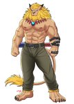 abs anthro arm_scar belt belt_buckle blonde_hair blonde_mane blue_eyes bottomwear buckle clothed clothing ear_piercing ear_ring front_view hair jewelry male mane mane_hair muscular muscular_anthro muscular_male necklace nipples pants pecs piercing ring_piercing scar simple_background solo standing white_background ligoni bandai_namco digimon digimon_(species) felid leomon lion mammal pantherine 2020 absurd_res dated hi_res signature