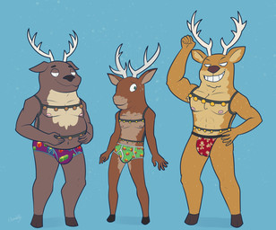 anthro antlers barefoot black_seam_jockstrap blue_background blue_eyes blue_seam_briefs blue_text bodily_fluids briefs brown_body brown_fur brown_nose bulge christmas_bells clothed clothing detailed_background feet fur gift gingerbread_man green_briefs green_clothing green_underwear group half-closed_eyes harness holidays horn jockstrap male narrowed_eyes navel nervous nipples open_mouth open_smile overweight overweight_male print_briefs print_clothing print_jockstrap print_underwear purple_briefs purple_clothing purple_underwear red_clothing red_jockstrap red_underwear shadow simple_background skinny_male smile sweat teeth_showing text topless trio underwear white_antlers ursanity christmas deer mammal new_world_deer reindeer hi_res