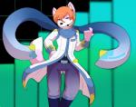 anthro black_nose bottomwear clothed clothing coat cosplay hair looking_at_viewer male orange_hair pants red_eyes scarf solo topwear munkeesgomu vocaloid kaito_(vocaloid) 2014