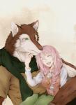 anthro blush braided_hair duo eyes_closed female green_eyes hair happy kemono male one_eye_closed open_mouth smile utau vocaloid aro_rouon ia_(vocaloid) canid canine canis human mammal wolf noah_(disambiguation)