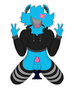 accessory anal anal_penetration anthro blue_body blue_fur blush blush_lines clothing crop_top dildo dildo_in_ass dildo_insertion dildo_sitting femboy flower flower_in_hair fur genitals hair hair_accessory kneeling legwear machine male male/male object_in_ass penetration penis plant sex_toy sex_toy_in_ass sex_toy_insertion shirt simple_background solo thigh_highs topwear white_background xaladend jason_(jasoncreates9) protogen hi_res