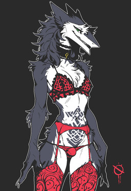 anthro arms_at_sides bedroom_eyes belly_tattoo black_choker black_jewelry black_necklace bulge choker clothed clothing crossdressing crossdressing_male fur garter_belt garter_straps green_eyes grey_background grey_body grey_fur grin humanoid_hands jewelry lingerie looking_at_viewer male narrowed_eyes necklace panties red_clothing red_panties red_underwear seductive simple_background slim smile solo standing tattoo underwear white_body white_fur noxymeart sergal digital_media_(artwork) hi_res microsoft_paint_(artwork)