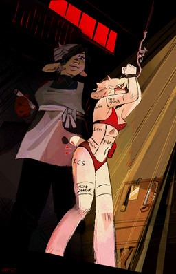 animal_butchery_diagram anthro arms_above_head bdsm black_bottomwear black_clothing black_pants black_shirt black_topwear blush body_writing bone-saw bottomwear bound bra brown_eyes butcher_apron butcher_knife clothed clothing clothing_bow collared_shirt dominant dominant_female duo female female/female floppy_ears fully_clothed fur gloves gold_nose_ring hair hair_over_eye hand_on_belly hands_tied handwear helpless holding_object horn imminent_death implied_cannibalism implied_snuff inside interspecies looking_at_another low-angle_view male marker meat_hook panties pants questionable_consent red_bra red_clothing red_eyes red_gloves red_handwear red_panties red_underwear scared shirt site_marking skimpy smile snuff standing submissive submissive_male tan_body tan_fur tan_head text three-quarter_view topwear underwear white_body white_fur writing_on_arm writing_on_belly writing_on_leg writing_on_shoulder writing_on_thigh hoofpeet bovid bovine caprine cattle mammal sheep 2024 digital_media_(artwork) hi_res signature