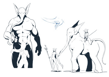 anthro bald barefoot big_ears breasts butt casual_nudity featureless_breasts featureless_crotch feet female feral group hair holding_object humanoid_feet humanoid_hands humanoid_pointy_ears larger_male long_hair male muscular muscular_male navel nude open_mouth plantigrade pointy_ears proboscis_(anatomy) riding simple_background size_difference slim smaller_female social_nudity staff standing straddling teeth tongue trunk_(anatomy) tusks white_background doomghost elephant elephantid elf humanoid mammal proboscidean 2017 monochrome