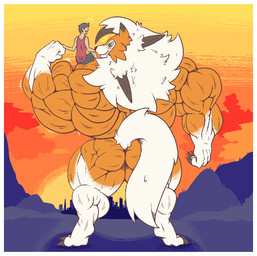4_fingers anthro anthrofied biceps big_muscles blush bodily_fluids border bottomwear butt claws clothing duo fingers flexing fur green_eyes huge_muscles hyper hyper_muscles larger_anthro larger_male male muscular muscular_male orange_body orange_fur pants pokemorph pose rear_view shirt sitting_on_shoulder size_difference smaller_human smaller_male standing sunset sweat topwear white_body white_border white_fur signirsol nintendo pokemon canid canine dusk_lycanroc generation_7_pokemon human lycanroc mammal pokemon_(species)