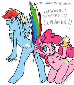 anthro anthrofied anus blue_body blue_feathers blue_fur breast_size_difference breasts cupcake cutie_mark duo feathered_wings feathers female female/female fisting food food_fetish food_insertion food_play fur genitals hair improvised_sex_toy kneeling multicolored_hair multicolored_tail nipples open_mouth penetration pink_body pink_fur pink_hair purple_eyes rainbow_hair rainbow_tail side_boob surprised tail text vaginal vaginal_fisting vaginal_penetration vulva wings keishinkae friendship_is_magic hasbro my_little_pony mythology pinkie_pie_(mlp) rainbow_dash_(mlp) earth_pony equid equine horse mammal mythological_creature mythological_equine pegasus pony 2012 english_text