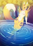 anthro breasts cheeky claws fangs female genitals nipples nude paws pool pussy reward smile solo teeth tongue tongue_out water wet sunny_way bandai_namco digimon canid canine digimon_(species) fox mammal renamon true_fox digital_media_(artwork) hi_res