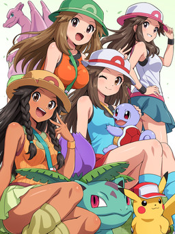 alternate_color big_breasts black_eyes bottomwear braided_hair breasts brown_eyes brown_hair butt clothing dark_body dark_skin female flower fur green_body hair hat headgear headwear human_focus leaf light_body light_skin long_hair one_eye_closed pink_body plant purple_body red_eyes skirt wink yellow_body yellow_fur pokemoa mythology nintendo pokemon super_smash_bros. leaf_(pokemon) charizard dragon generation_1_pokemon human ivysaur mammal mouse murid murine mythological_creature mythological_scalie pikachu pokemon_(species) reptile rodent scalie squirtle turtle 3:4 absurd_res hi_res