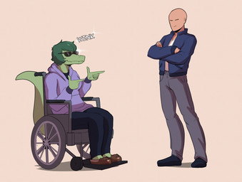 annoyed anthro bald black_bottomwear black_clothing black_pants blue_clothing blue_jacket blue_topwear bottomwear clothed clothed_anthro clothed_female clothed_human clothed_male clothing crossed_arms disability duo eyewear female finger_gun fingers footwear freckled_face freckles frown gesture green_body green_hair grey_bottomwear grey_clothing grey_pants hair hand_gesture hoodie humanoid_hands jacket looking_at_another male male/female open_clothing open_jacket open_topwear pants paraplegic pointing pointing_at_another purple_clothing purple_hoodie purple_topwear shadow shirt shoes short_hair simple_background sitting slippers smile sparkles standing sunglasses tail tan_background topwear vehicle wheelchair white_clothing white_shirt white_topwear holymeh cavemanon_studios i_wani_hug_that_gator inco_(iwhtg) olivia_halford spurdo baryonyx dinosaur human mammal prehistoric_species reptile saurischian scalie spinosaurid theropod absurd_res colored full-length_portrait hi_res portrait shaded