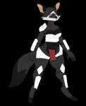 anthro armor black_body black_fur bottomwear breasts chevron_(marking) cleavage clothed clothing digitigrade facial_markings female fur grey_body grey_fur head_markings loincloth markings midriff navel one_eye_closed scar simple_background skimpy solo white_body white_eyes white_fur white_markings ryanne_(artist) chevron_fox_(oi_ocha) canid canine fox mammal alpha_channel hi_res