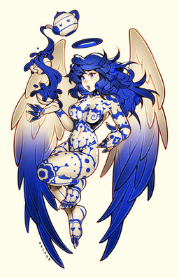 blue_eyes blue_hair blue_tattoo blush breasts chinoiserie container cup feet female flying gradient_wings hair halo liquid long_hair medium_breasts messy_hair nails navel nude porcelain pottery simple_background small_waist solo tattoo tea_cup teapot white_background white_body white_skin wings oxcoxa angel humanoid hi_res