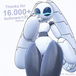 anthro biped black_body eyes_closed female follower_celebration hand_on_face happy hip_sway huge_ears huge_thighs jagged_mouth machine segmented_body simple_background small_waist solo text thick_thighs white_body wide_hips sharpybutts sharpy_(sharpybutts) lagomorph leporid mammal rabbit robot 1:1 3d_(artwork) 3d_animation animated digital_media_(artwork) english_text loop no_sound short_playtime webm