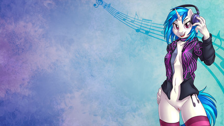 anthro anthrofied black_clothing black_hoodie black_topwear blue_hair bottomless bottomless_anthro bottomless_female breasts casual_exposure choker cleavage clothed clothing cutie_mark disc_jockey electronics female footwear genitals hair hand_on_hip headphones hoodie horn jacket jewelry legwear looking_at_viewer multicolored_hair musical_note musical_symbol navel necklace open_clothing open_hoodie open_jacket open_mouth open_smile open_topwear pattern_clothing pattern_footwear pattern_legwear pattern_socks purple_eyes simple_background smile socks solo striped_clothing striped_footwear striped_legwear striped_socks stripes symbol thigh_highs topwear two_tone_hair vulva brian_mcpherson friendship_is_magic hasbro my_little_pony mythology vinyl_scratch_(mlp) equid equine mammal mythological_creature mythological_equine unicorn 16:9 2016 hi_res wallpaper widescreen