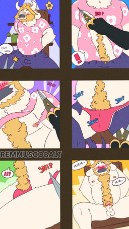 anthro bdsm beard belly bodily_fluids bondage bound bulge circumcised clothing duo embarrassed erection exposed facial_hair genital_fluids genitals horn humiliation male nipples nude penis precum pubes scissors solo thong underwear undressing remmus_cobalt deltarune undertale_(series) asgore_dreemurr absurd_res comic hi_res