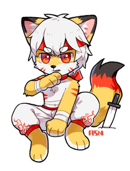 accessory anthro black_body black_ears black_fur black_nose bottomwear chibi clothed clothing countershading facial_markings front_view fur glistening glistening_eyes glistening_nose hair head_markings headband looking_at_viewer male markings messy_hair neckwear pants pattern_bottomwear pattern_clothing pattern_pants red_body red_eyes red_fur red_headband red_markings short_hair simple_background sitting solo topless white_background white_body white_bottomwear white_clothing white_fur white_hair white_pants yellow_body yellow_ears yellow_fur asnnonaka canid mammal full-length_portrait portrait signature