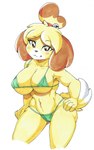 anthro big_breasts bikini breasts camel_toe clothed clothing dipstick_tail female fur green_bikini green_clothing green_swimwear hand_on_hip looking_at_viewer markings micro_bikini navel skimpy_bikini solo swimwear tail tail_markings triangle_bikini two-piece_swimsuit under_boob yellow_body yellow_fur deerrobin animal_crossing nintendo isabelle_(animal_crossing) canid canine canis domestic_dog mammal shih_tzu toy_dog 2022 hi_res traditional_media_(artwork)