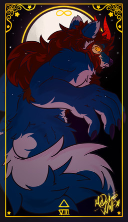 anthro big_hands card claws clothing glowing glowing_eyes hair horn long_hair male moon solo tarot tarot_card mrdarknesswolf mythology mrdarknesswolf_(character) canid canine canis demon hybrid mammal mythological_canine mythological_creature werecanid werecanine werecreature werewolf wolf hi_res