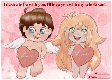 blonde_hair blue_eyes blush border brown_hair chibi duo feathered_wings feathers female green_eyes hair holding_object holidays long_hair looking_at_viewer male nipples not_furry simple_background simulated_traditional_(artwork) smile text valentine's_day_card white_border wings young zeklullaby mythology valentine's_day cupid eros psyche angel cherub deity human humanoid mammal mythological_creature alternate_version_at_source digital_media_(artwork) digital_painting_(artwork) digital_watercolor_(artwork) english_text hi_res painting_(artwork) watercolor_(artwork)