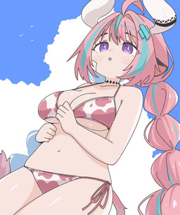 2_horns animal_print animal_print_bikini big_breasts bikini braided_pigtails breasts clothing cloud cow_print cow_print_bikini female hair horn light_body light_skin midriff navel pattern_bikini pattern_clothing pattern_swimwear pink_hair purple_eyes sky solo swimwear tail two-piece_swimsuit icon_315 genshin_impact mihoyo varesa_(genshin_impact) ambient_bird animal_humanoid bovid bovid_humanoid bovine bovine_humanoid cattle_humanoid humanoid mammal mammal_humanoid 2026 half-length_portrait hi_res portrait